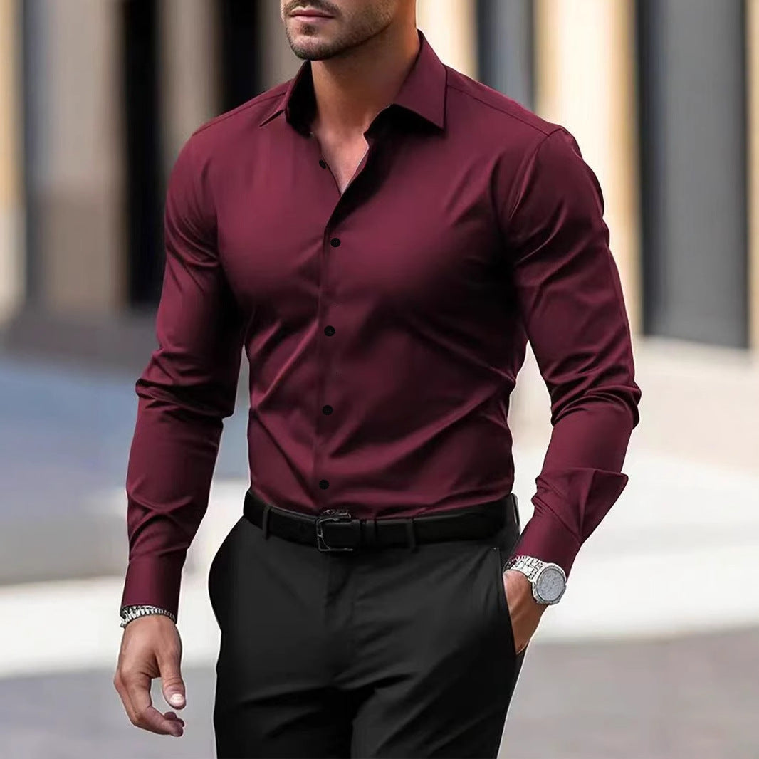 Men's Shirt Business Button Down Shirt Summer Solid Color Long Sleeve ...